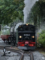 Die Dampflokomotive 99 1594-3 wartet am Bahnhof in Schmalzgrube auf die Weiterfahrt.