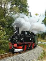 99 590 ist mit ihrem Personenzug zwischen den Haltepunkten Andreas Gegentrum-Stollen und Forellenhof unterwegs.