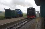 Zugkreuzungen in Seelvitz (Ort  Nistelitz)  sind eher selten, sicher noch seltener ist es bei strmenden Regen den neuen Hilfszug-Wagen der RBB auf einer Probefahrt ablichten zu knnen.