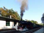 99 1782-4 der Rügenschen BäderBahn, oder besser unter  Rasender-Roland  bekannt, trifft am Endbahnhof Göhren ein; 140919