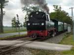 99 4801 dampfte ohne Halt am 12.Juni 2009 mit einem Personenzug nach Ghren durch die Kreuzungsstelle Posewald.