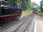 Einfahrender Zug aus Ghren mit 99 1782 trifft am 17.August 2009 in Binz den Gegenzug mit 99 4802.