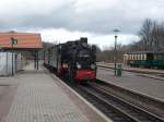 Ohne Dampf rollte 99 4633,am 29.März 2015,in den Putbuser Bahnhof.