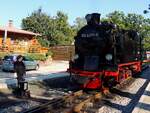 99 4011-5, der Rügenschen BäderBahn, wurde im Endbahnhof Göhren die Weiche gelegt; 140919