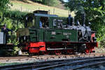 Die Dampflokomotive  Spreewald  rangiert ein paar Güterwagen am Bahnhof Hüinghausen. (Juli 2022)