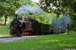 99 713 fhrt am 09.07.06 aus Radebeul kommend in den Hp Lssnitzgrund ein. Am Haken ist ein Zug aus historischen DRG Wagen.
