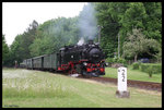 Am Ortsrand von Kurort Johnsdorf verläßt 99749 mit ihrem Personenzug am 24.5.2016 die gleichnamige Haltestelle.