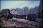 Am 2.5.1990 im Schmalspurbahnhof Bertsdorf: Links wartet 991762 mit dem Personenzug nach Jonsdorf und rechts daneben wartet 991735 mit dem P nach Oybin auf die Abfahrt.