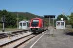 Im Bf Rottenbach steht am 24.05.2012 abfahrbereit 641 020, der Oberweibacher Berg- und Schwarzatalbahn, als RB29891 (Rottenbach - Katzhtte) 