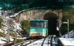 Merkurbergbahn. 
Bergfahrt von Wagen 1 der Standseilbahn an der Ausweiche.
18.02.2013 Baden-Baden 

