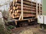 Entgleist! Ein mit Langholz beladener 4achser Rungenwagen steht am 15.01.2011 im Stolberger Bahnhof und hat einen Scherenprellbock mehrere Meter in die dahinterliegende Landschaft geschoben.