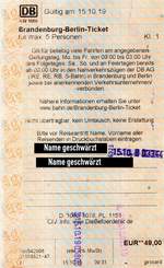 BERLIN, 15.10.2019, Brandenburg-Berlin-Ticket 1.Klasse für max. 5 Personen am Automaten im S-Bahnhof Greifswalder Straße gekauft (Fahrkarte eingescannt)