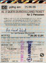 BERLIN, 25.09.2009, Quer-Durchs-Land-Ticket für zwei Personen, gelöst am Automaten im S-Bahnhof Berlin-Pankow -- Fahrkarte eingescannt