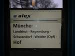 Zuglaufschild vom Alex von München nach Hof.