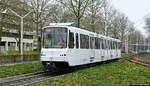 B-Wagen 7577 als 25. Zweiterstellung auf Testfahrt an der Haltestelle Olof-Palme-Allee in Bonn am 04.03.2024.