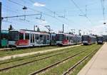 Alle Partnerstädte U-Bahn Werbewagen der VGF nebeneinander. Bombardier U5-25 Wagen 693,686,679 und 667 am 07.07.18 in Frankfurt am Main bei einer Besichtigung wo man sich frei auf abgesperrten Gelände aufhalten konnte