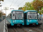 VGF Bombardier U5-25 Wagen 656 und U5-50 Wagen 850 am 18.10.16 in Frankfurt Enkheim