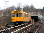 Ein U-Bahnzug vom Typ F79 aus Hnow verlsst den 1,1 Km langen Tunnel bei Kaulsdorf und fhrt in den S+U-Bahnhof Wuhletal ein.