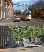 Auch auf der Elisabethstraße in Gaarden, die der Tw 261 am 27.04.1985 befährt, erinnert am 08.07.2023 nichts mehr an die Straßenbahn. Dagegen hat das Schild des Hotels Runge alle Zeitläufe unverändert überstanden...