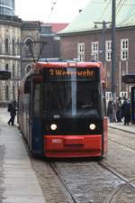 BREMEN, 12.03.21018, Wagen 3021 als Linie 3 nach Weserwehr in der Haltestelle Domsheide