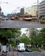 Die Düsseldorfer Rheinbahn einst und jetzt: Viele Jahrzehnte verkehrten die Straßenbahnen in dichter Folge auf der Heinrich-Heine-Allee, dies änderte sich im August 1988 mit der