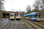 VGF Düwag O Wagen 111, Düwag Pt Wagen 128 und Bombardier S Wagen 222 am 16.03.19 bei einer Sonderfahrt in Neu Isenburg vor der Wagenhalle