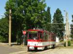 Straenbahn Gotha: Tatra Straenbahn Triebwagen Nummer 317 unterwegs als Linie 6 vom Bahnhof Waltershausen zum Gleisdreieck Waltershausen.