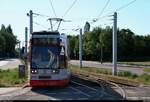 MGT6D, Wagen 659, der Halleschen Verkehrs-AG (HAVAG) als Linie 8 von Trotha erreicht ihre Endhaltestelle Rennbahnkreuz.