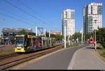 MGT6D, Wagen 652 mit Werbung für den DHL Hub Leipzig, der Halleschen Verkehrs-AG (HAVAG) als Linie 5 nach Bad Dürrenberg verlässt ihre Starthaltestelle Rennbahnkreuz.