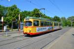 An der Endhaltestelle Rheinhafen verbrachte DWM-Wagen 206 am 20.05.2014 seine wohlverdiente Mittagspause, bevor er wieder seine Reise in die Innenstadt antrat.