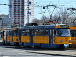 Eine Garnitur Tatra T4D mit Beiwagen BN4 im April 2018 in Leipzig.