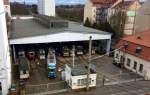 Blick aus dem Fenster des  Caf Caftn  auf das Straenbahnmuseum in Leipzig Mckern, 16.03.2014, 12:00 Uhr