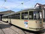 Ein historischer Straßenbahnbeiwagen Typ B4, Baureihe 1500 war Anfang Juni 2019 in Nürnberg zu entdecken.