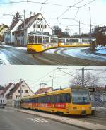 Die Endhaltestelle in Stuttgart-Stammheim am 10.02.1991 und 30.03.2013.