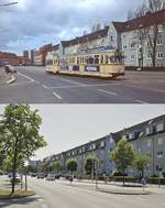 Eine Woche vor der Stilllegung der Kieler Straßenbahn fährt der GT6 270 mit einem zweiachsigem Beiwagen am 27.04.1985 auf der Schönberger Straße nach Wellingdorf.