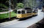 Kirnitzschtalbahn am 7.4.1992: Oldie ET Nr. 5 mit Beiwagen unterwegs zum Lichtenhainer Wasserfall.