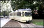 Düwag Tram Wagen 306 nach Querenburg fährt am 6.10.1990 am Bahnhofsvorplatz in Wanne Eickel vor.