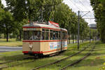 Triebwagen 917 der Freunde der Bremer Straßenbahn e.V. am Flughafen/BSAG Zentrum - 6.8.23 25 Jahre Linienverlängerungen der Äste zum Flughafen und zur Universität.