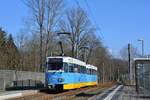 Chemnitz, Tatra T3DM #507 als Linie 1 erreicht die Haltestelle Am Feldschlößchen. Die Aufnahme stammt vom 14.02.2018. 