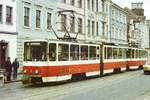 15. Oktober 1984, Cottbus, Straßenbahn, Tw 1 und 2 halten am Altmarkt, Typ KT4D, gebaut bei CKD 1978 und 1982, beide wurden 1997 verschrottet. Der Endpunkt Zielona-Gora-Straße liegt in Sachsendorf. 