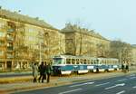 Dresden, Stadtrundfahrt mit der Straßenbahn in der Grunaer Straße. Zwei TATRA-Triebwagen T4D sind gekuppelt, 222 243 führt. Für die Fahrgäste der Stadtrundfahrt erhielten die Wagen außer der blauen Lackierung gepolsterte Sitze und eine verbesserte Lautsprecheranlage.  