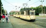 Straßenbahn Dresden__2x 3-Wagenzug mit Tw 213-205-4 [T57, VEB Gotha 1957; 1991+]  auf Linie 1 zum Postplatz.__05-1990