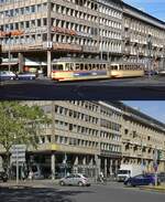 Im Zentrum von Düsseldorf liegt die Kreuzung der Heinrich-Heine-Allee mit der Elberfelder Straße. Auf dem oberen Bild fährt der T4 2101 mit einem Beiwagen, bei dem es sich um einen ehemaligen Triebwagen handelt, in der ersten Hälfte der 1980er Jahre vom Jan-Wellem-Platz in Richtung Altstadt. Damals führten die Schienen noch in alle 4 Richtungen, heute ist der Schienenverkehr unter die Erde in den zentralen Umsteigepunkt Heinrich-Heine-Allee U verlegt, in dem sich die Nord-Südlinien (Hochflur mit 4 Gleisen) und die Wehrhahnlinie (Niederflur, 2 Gleise) kreuzen. Die Bebauung hat sich zwar nicht geändert, es fällt aber auf, dass das Eckhaus ohne farbige Reklame heute doch etwas nüchterner wirkt.