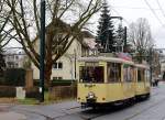 Oldtimereinsatz anläßlich der Eröffnung der Wehrhahnlinie in Düsseldorf am 20.02.2016: Der KSW-Zug mit Triebwagen 14 und Beiwagen 332 verläßt die Schleife Unter den Eichen in Gerresheim in Richtung Innenstadt