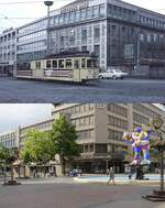 Spurensuche bei der Duisburger Straßenbahn: Auf dem oberen Bild durchfährt der Gelenkvierachser 1159 am 20.12.1973 die noch nicht zur Fußgängerzone umgebaute Königstraße,