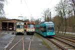 VGF Düwag O Wagen 111, Düwag Pt Wagen 128 und Düwag R Wagen 023 am 16.03.19 bei einer Sonderfahrt in Neu Isenburg vor der Wagenhalle