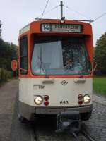Pt Wagen 653 wendet in der Wendeschleife Louisa, da die Fahrt nach Neu Isenburg wegen Bauarbeiten nicht stattfinden kann.