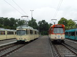 VGF Düwag O-Wagen 110 und Pt Wagen 748 am 25.06.16 in Frankfurt Stadion bei der Straßenbahnparade. Die Anlage wurde für dieses Event gesperrt und mann konnte auf den Gleisen Fotos machen