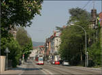 Durch Freiburg-Wiehre ins Rieselfeld -    Blick von der Haltestelle 'Reiterstraße' in die andere Richtung (gen Osten) und zu einer anderen Tageszeit in die Basler Straße in Wiehre.