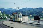 VAG Freiburg___GT4_Nr. 112 [ME 1966, 1994 -> Nordhausen, dort 2008 verschrottet] auf Linie 3 in der Endschleife Littenweiler Lassbergstraße mit Ziel 'Hauptfriedhof'__20-04-1974